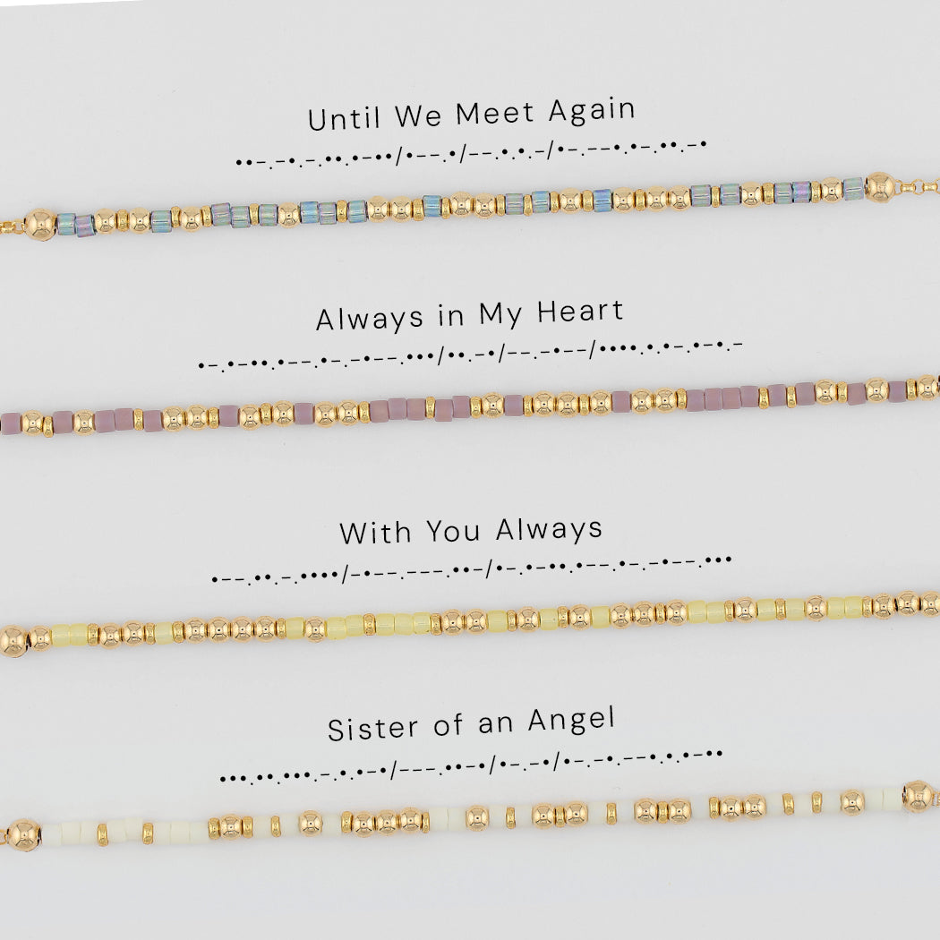 Four memorial Morse code bracelets shown with their phrases