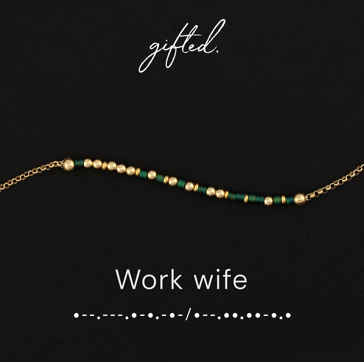 Work wife spelled in Morse code in glass and metal beads, shown on black