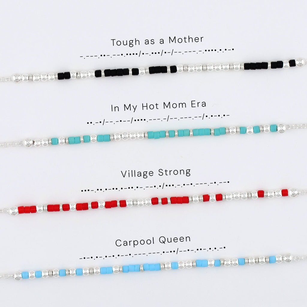 Morse code bracelets for mothers, shown with their phrases