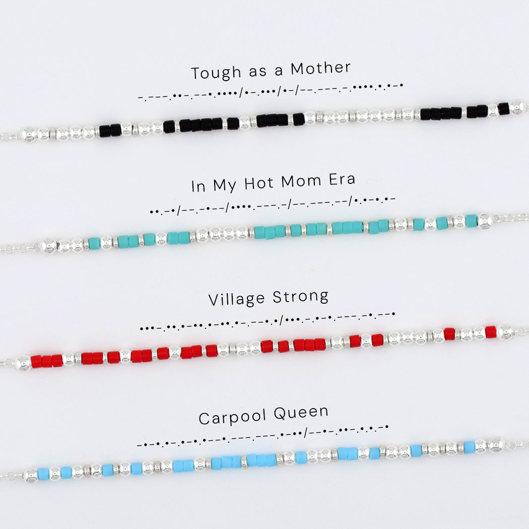 Morse code bracelets for mothers, shown with their phrases