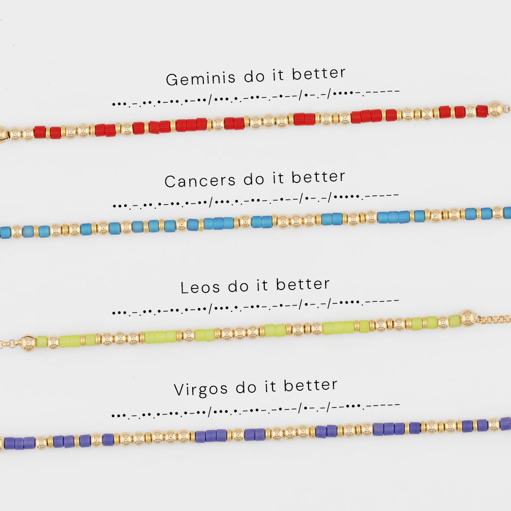 Four zodiac Morse code bracelets shown with their phrases