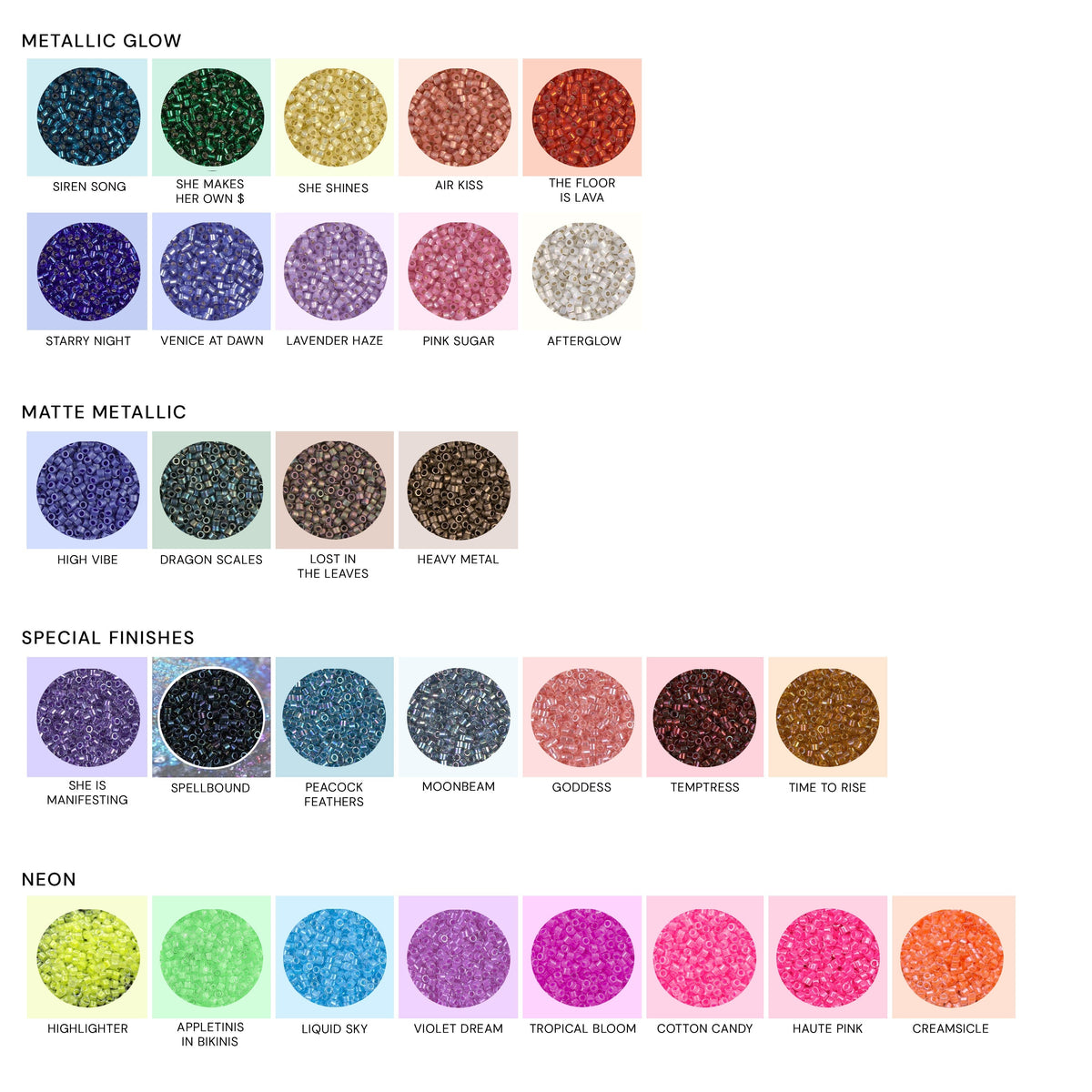 Bead colour chart: metallic glow, matte metallic, special finish and neon glass beads with their names