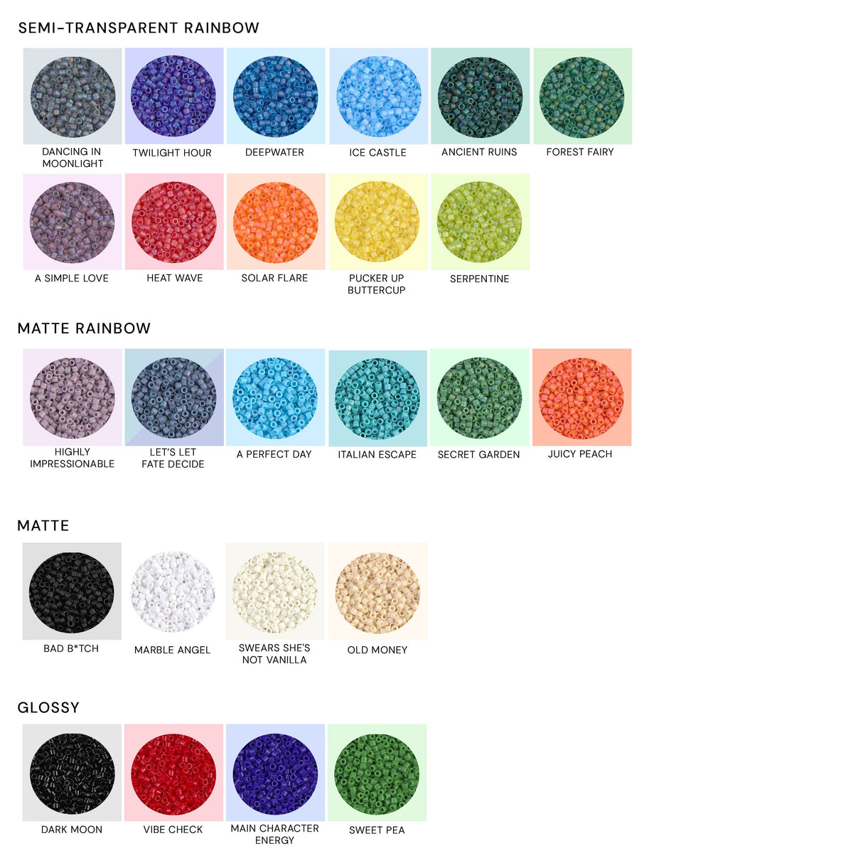 Bead colour chart: semi-transparent rainbow, matte rainbow, matte and glossy glass beads with their names