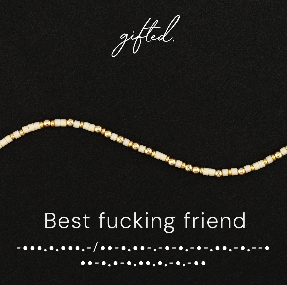Best fucking friend spelled in Morse code in glass and metal beads, shown on black