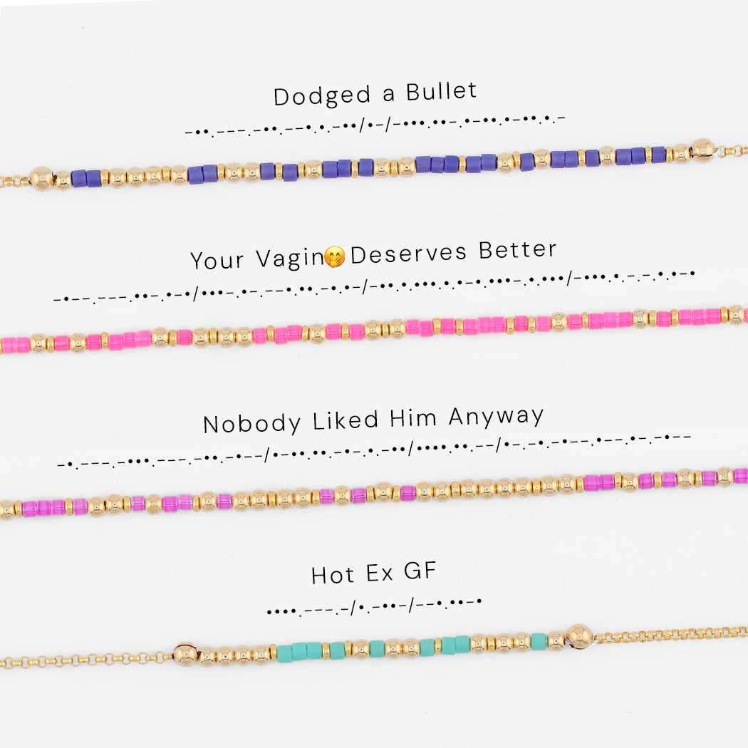 Four breakup Morse code bracelets shown with their phrases