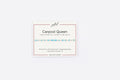 Carpool queen spelled in Morse code in glass and metal beads on a gifted. card.