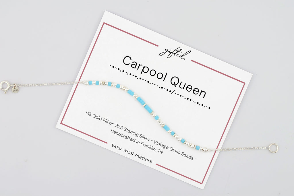 Carpool queen on its printed gifted. card, with the Morse line and the materials named