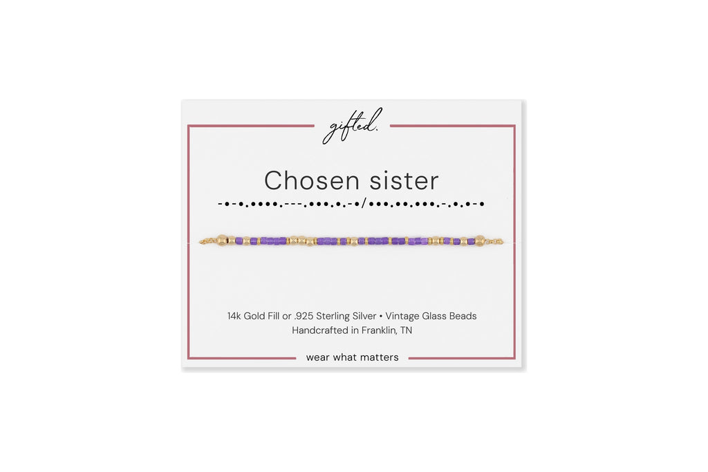 Chosen sister spelled in Morse code in glass and metal beads on a gifted. card.