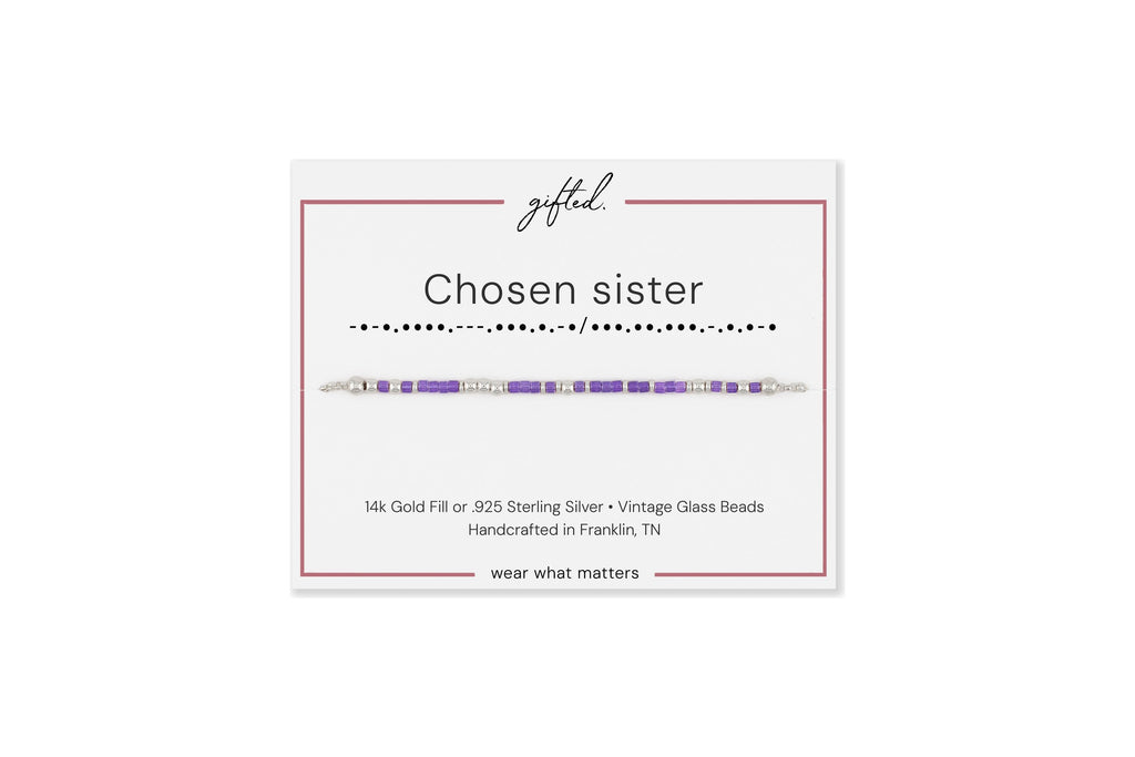 Chosen sister spelled in Morse code in glass and metal beads on a gifted. card, shown in 925 Sterling Silver.