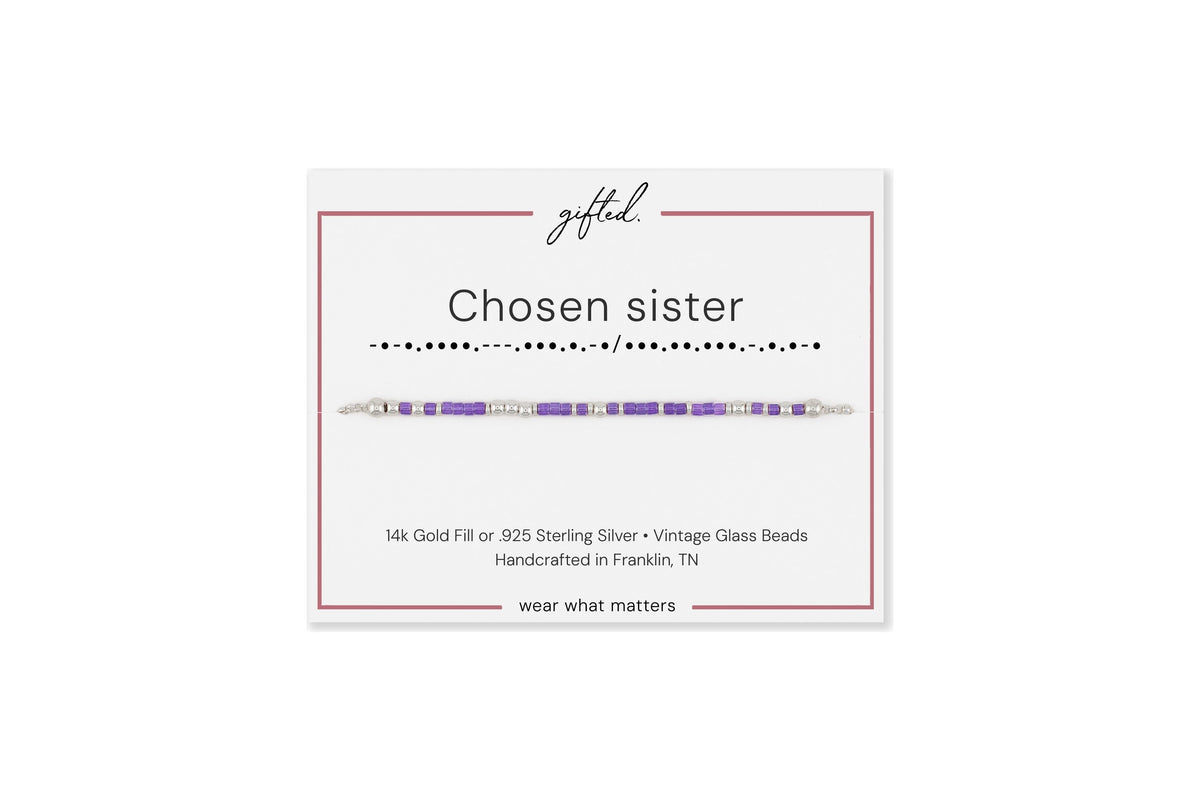Chosen sister spelled in Morse code in glass and metal beads on a gifted. card, shown in 925 Sterling Silver.
