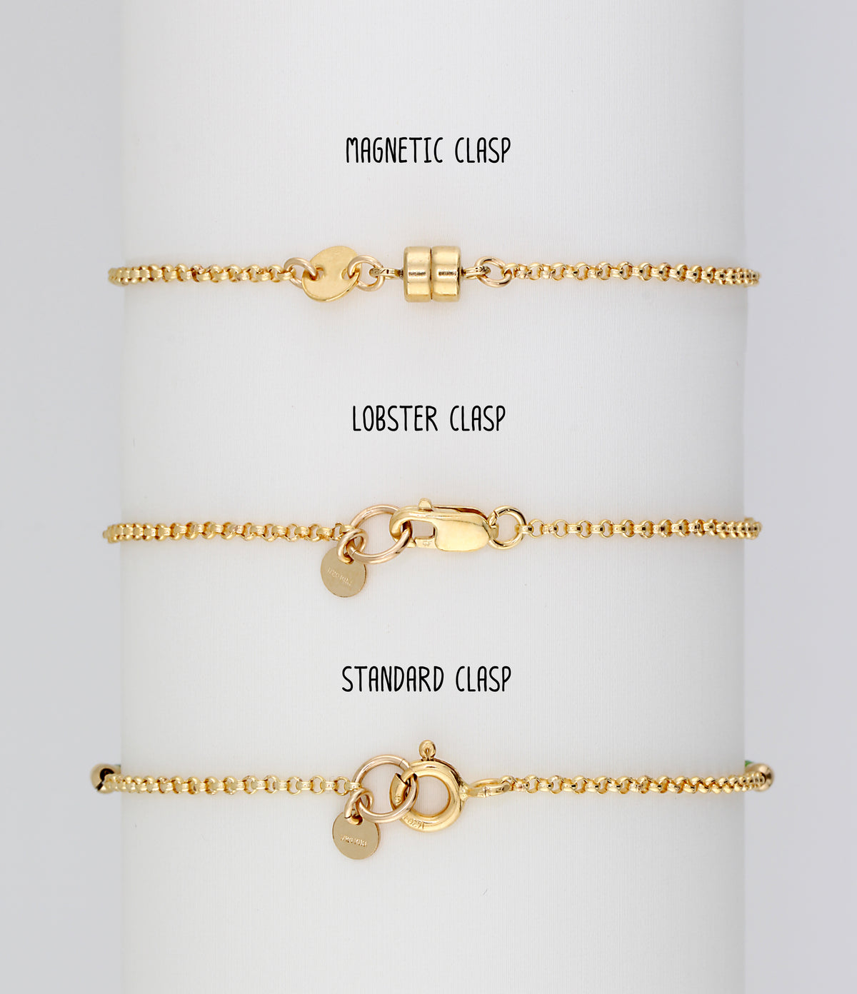 The three clasp options shown in gold: magnetic, lobster and standard spring ring.