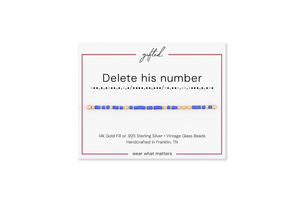 Delete his number spelled in Morse code in glass and metal beads on a gifted. card.