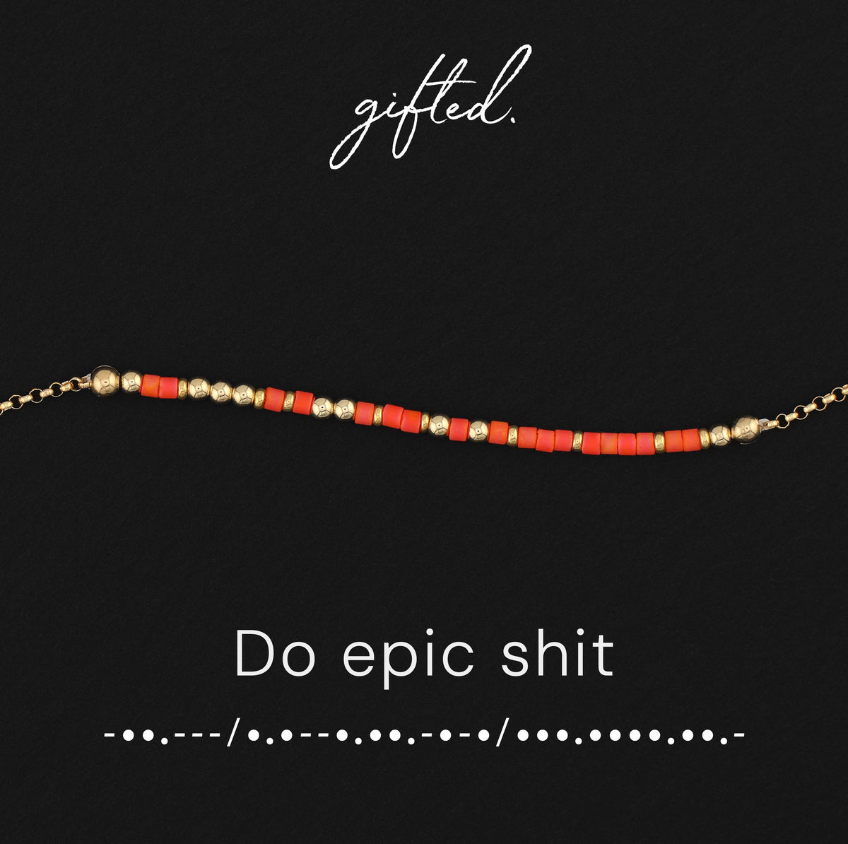 Do epic shit spelled in Morse code in glass and metal beads, shown on black