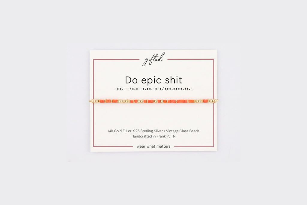 Do epic shit spelled in Morse code in glass and metal beads on a gifted. card.