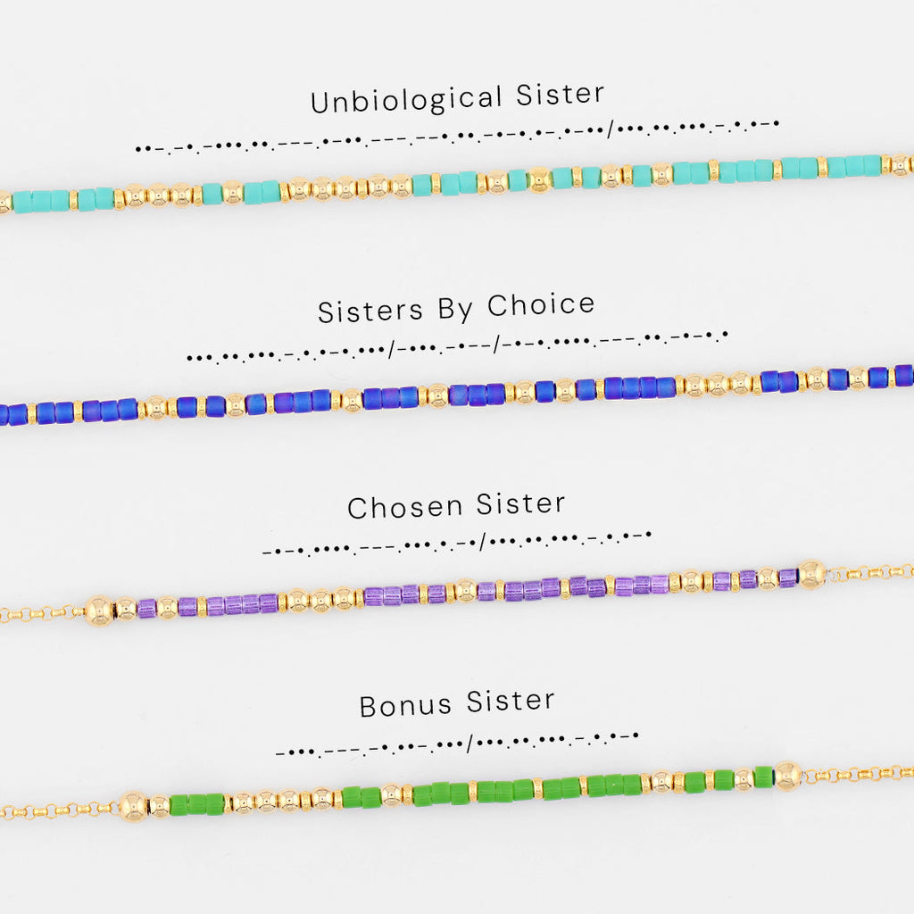 Four Morse code bracelets for friends and sisters, shown with their phrases