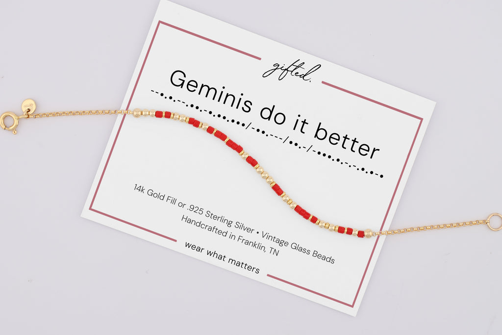 Geminis do it better on its printed gifted. card, with the Morse line and the materials named