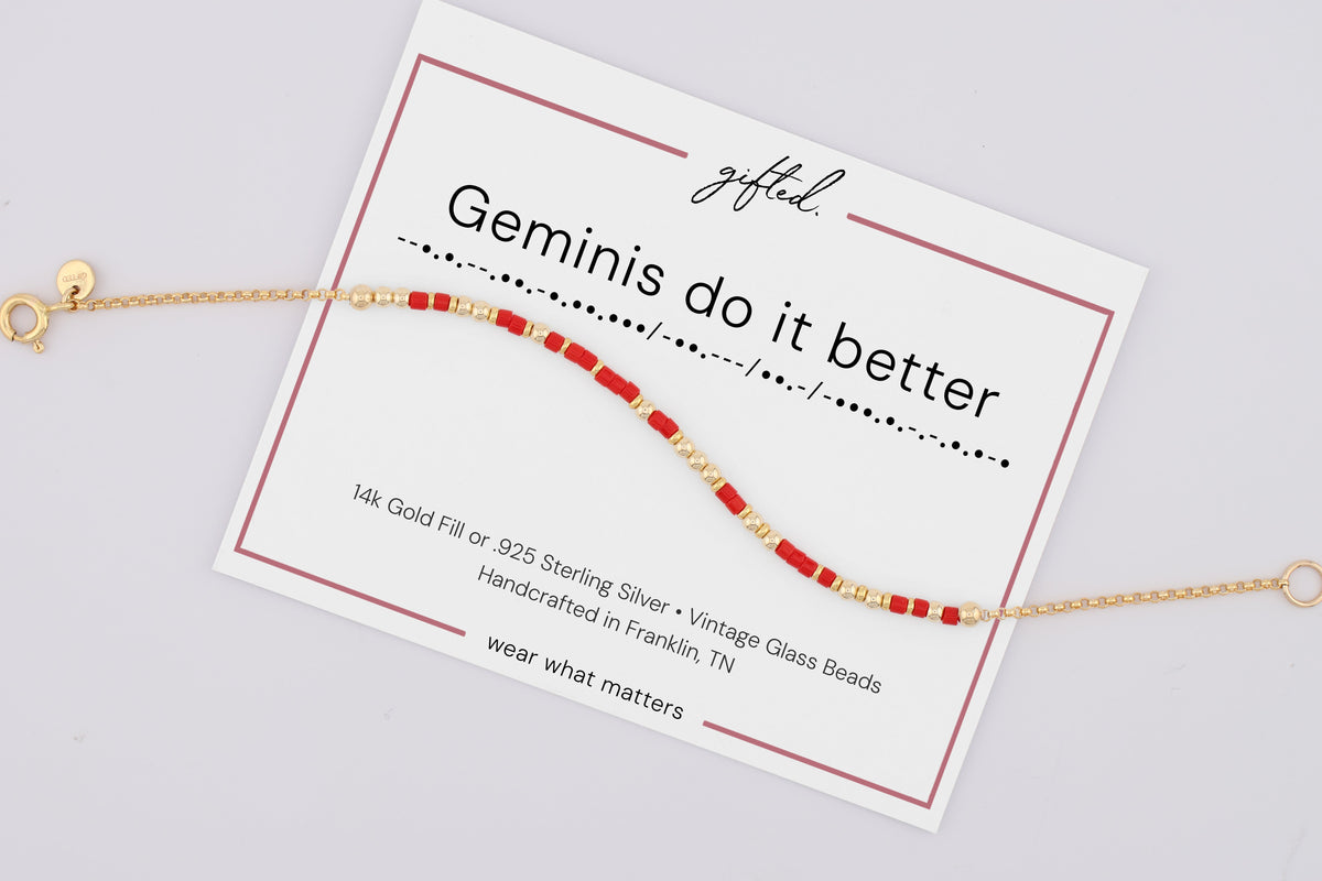 Geminis do it better on its printed gifted. card, with the Morse line and the materials named