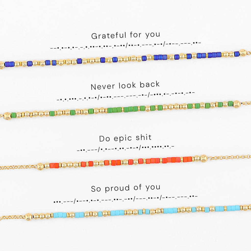 Four Morse code bracelets shown with their phrases