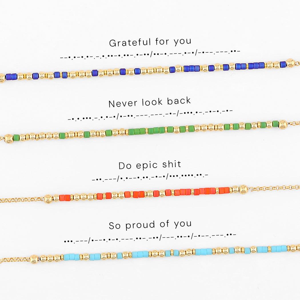 Four Morse code bracelets shown with their phrases