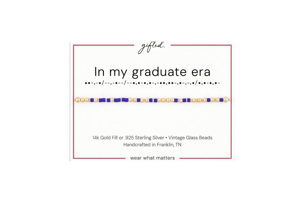 In my graduate era spelled in Morse code in glass and metal beads on a gifted. card.