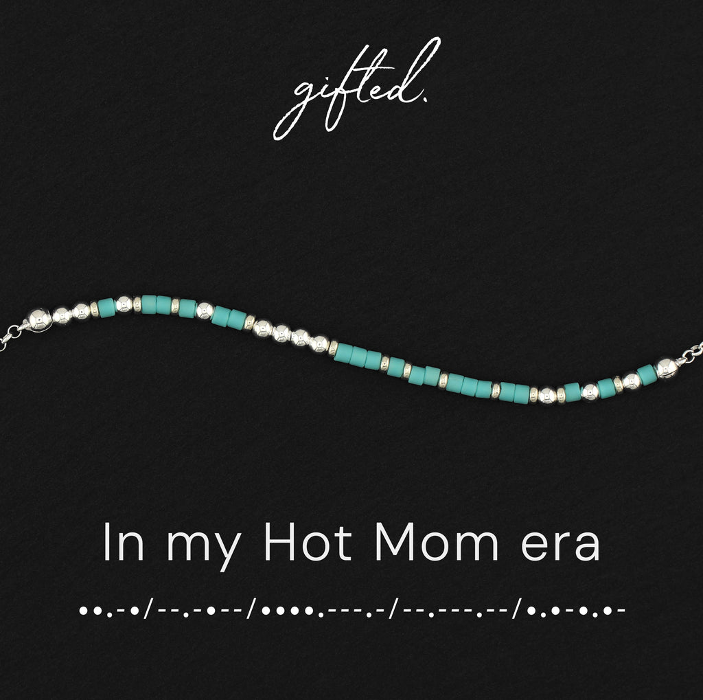 In my hot mom era spelled in Morse code in glass and metal beads, shown on black