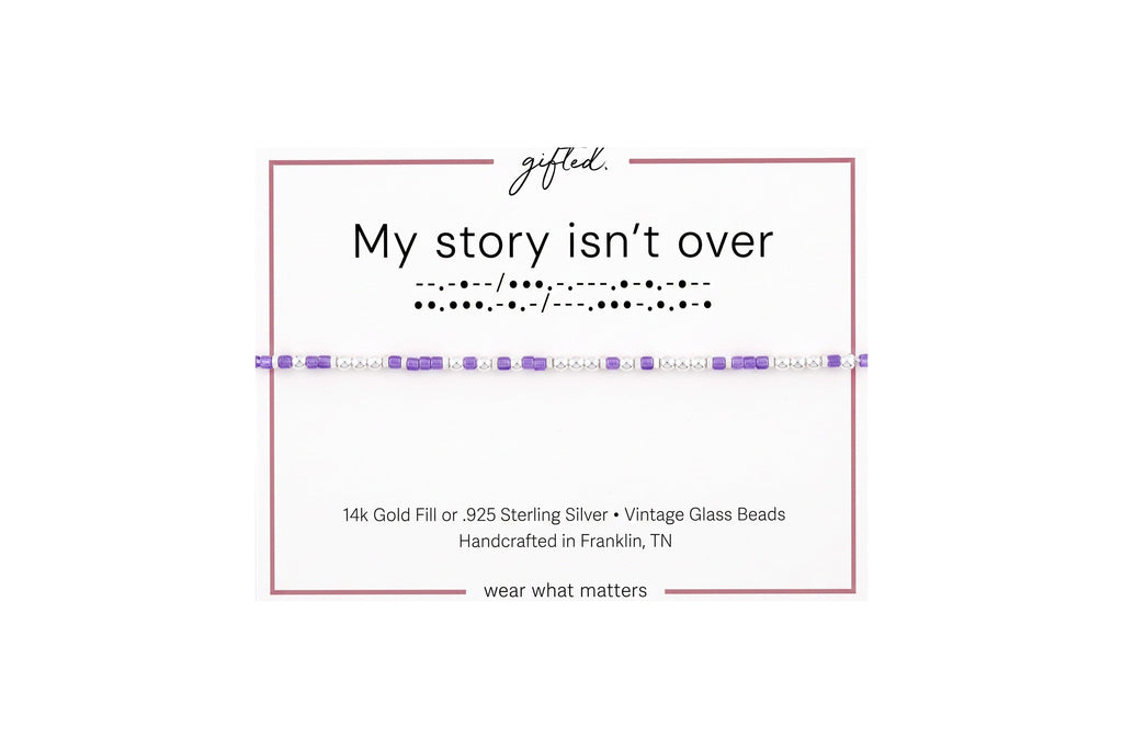 My story isn't over yet spelled in Morse code in glass and metal beads on a gifted. card.