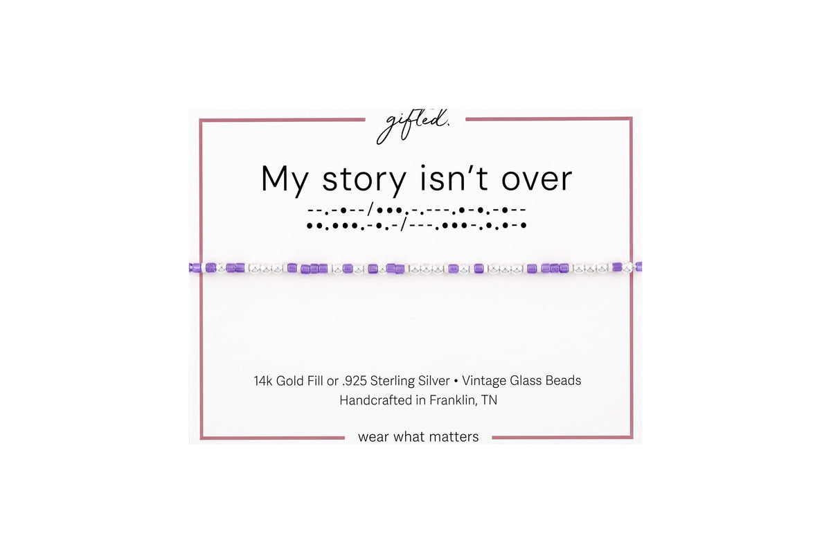 My story isn't over yet spelled in Morse code in glass and metal beads on a gifted. card.