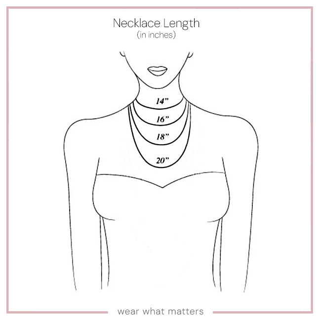Necklace length guide showing where 14, 16, 18 and 20 inch chains sit on the neckline.