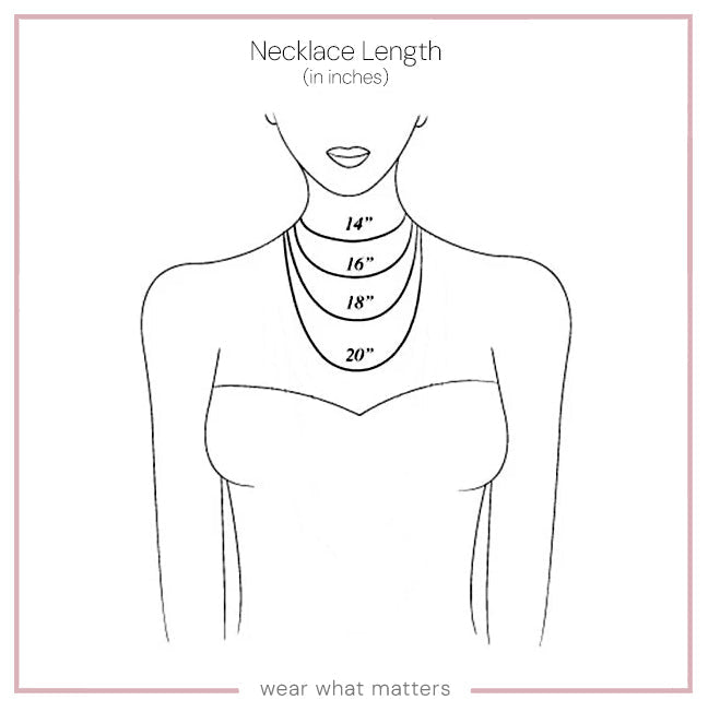 Necklace length guide showing where 14, 16, 18 and 20 inch chains sit on the neckline.