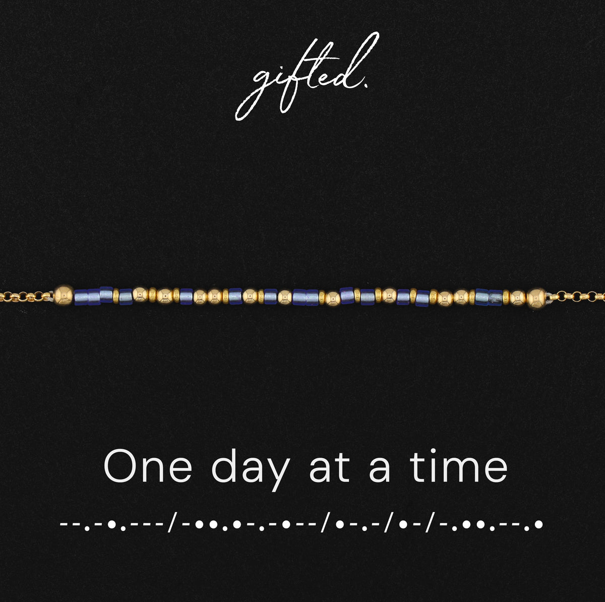 One day at a time spelled in Morse code in glass and metal beads, shown on black