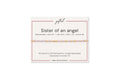 Sister of an angel spelled in Morse code in glass and metal beads on a gifted. card.