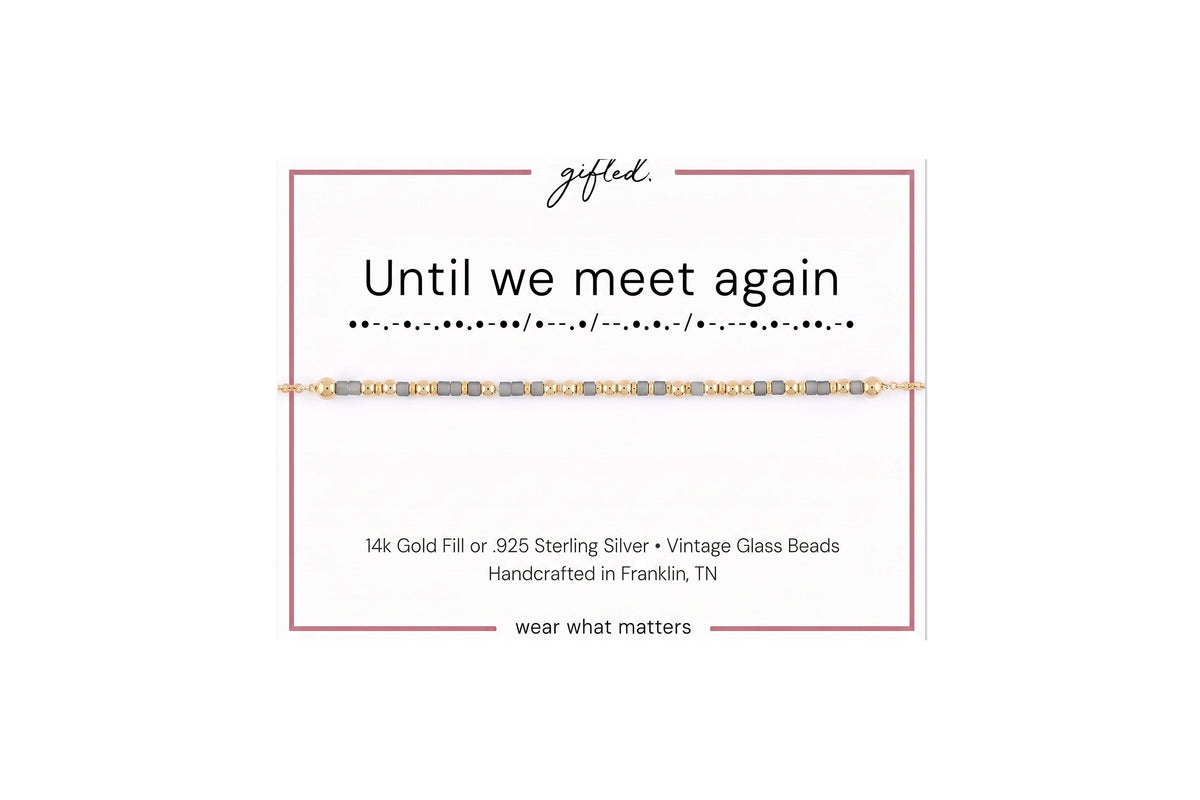 Until we meet again spelled in Morse code in glass and metal beads on a gifted. card.