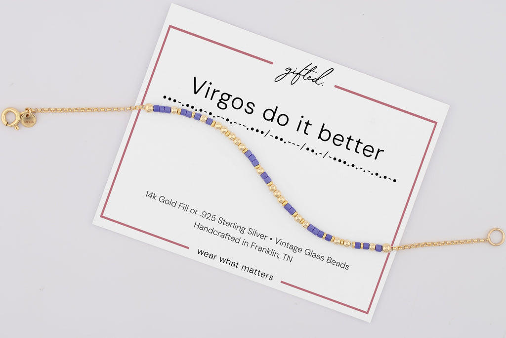 Virgos do it better on its printed gifted. card, with the Morse line and the materials named