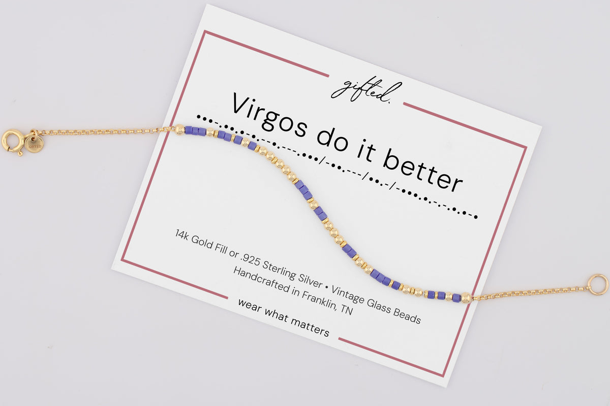 Virgos do it better on its printed gifted. card, with the Morse line and the materials named