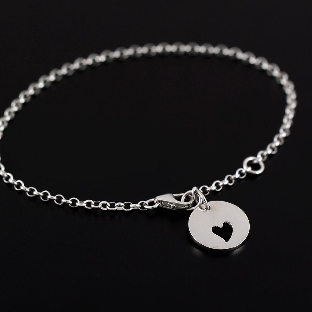 Heart Cutout Disc Charm Bracelet: Handcrafted Silver or Gold