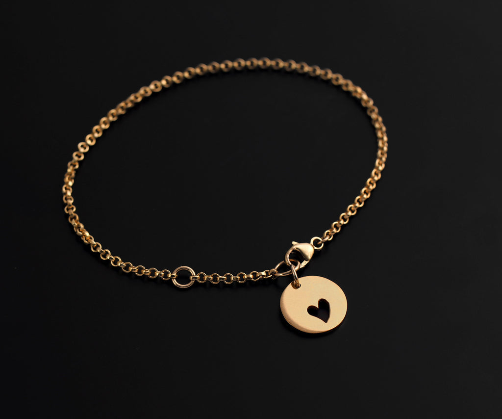 Heart Cutout Disc Charm Bracelet: Handcrafted Silver or Gold