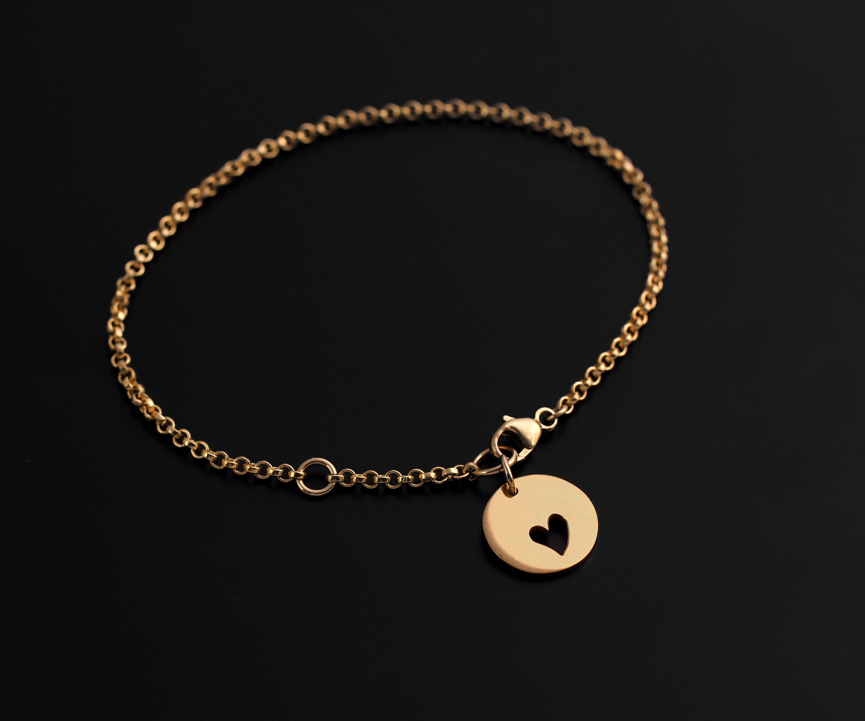 Heart Cutout Disc Charm Bracelet: Handcrafted Silver or Gold