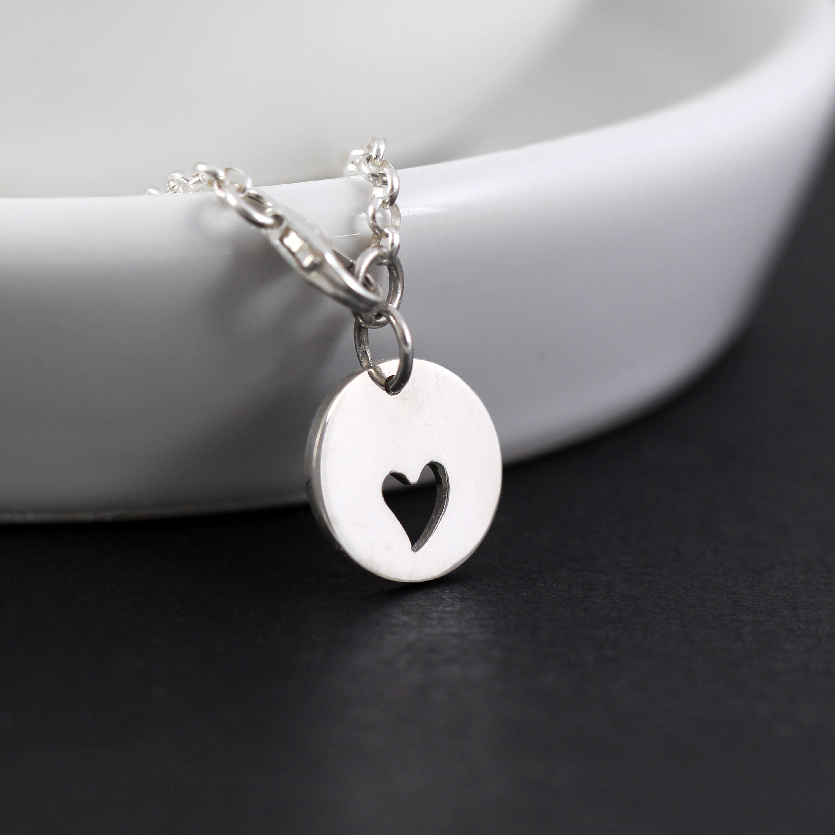 Heart Cutout Disc Charm Bracelet: Handcrafted Silver or Gold