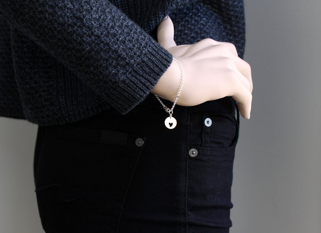 Heart Cutout Disc Charm Bracelet: Handcrafted Silver or Gold