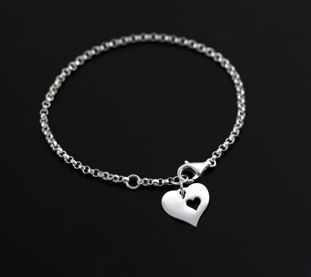 Heart Cutout Heart Bracelet: Silver or Gold Charm