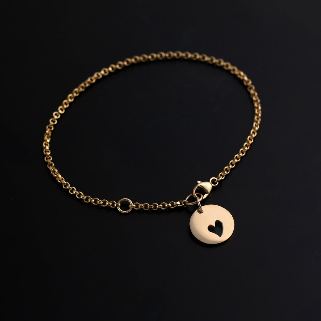 Heart Cutout Disc Charm Bracelet: Handcrafted Silver or Gold