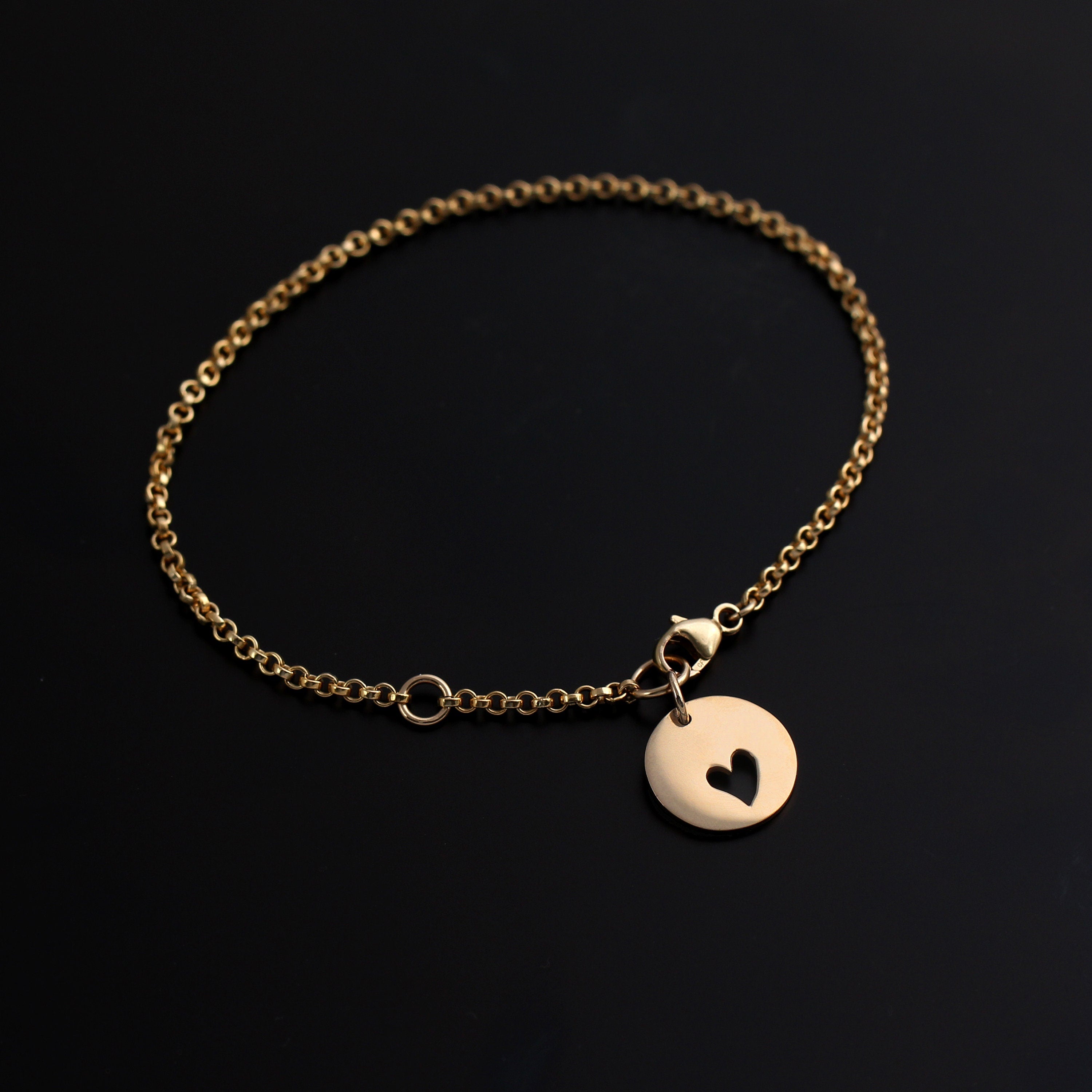 Heart Cutout Disc Charm Bracelet: Handcrafted Silver or Gold