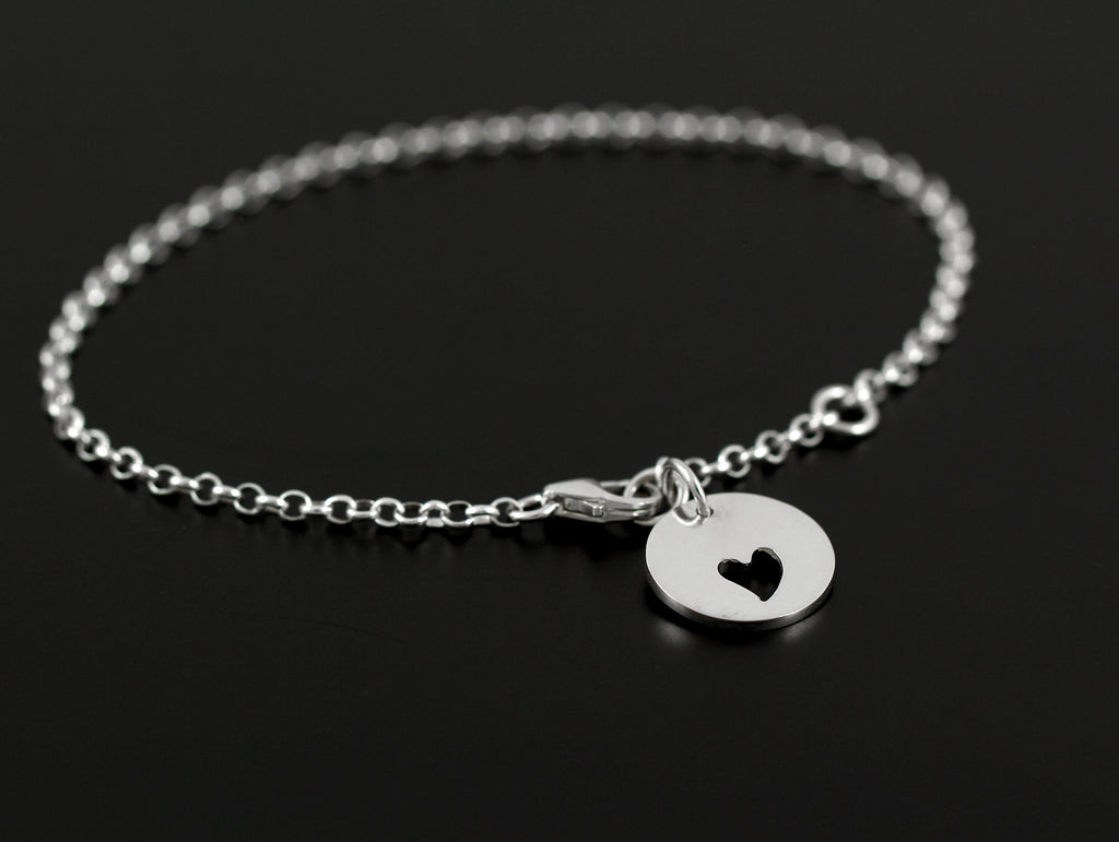 Heart Cutout Disc Charm Bracelet: Handcrafted Silver or Gold