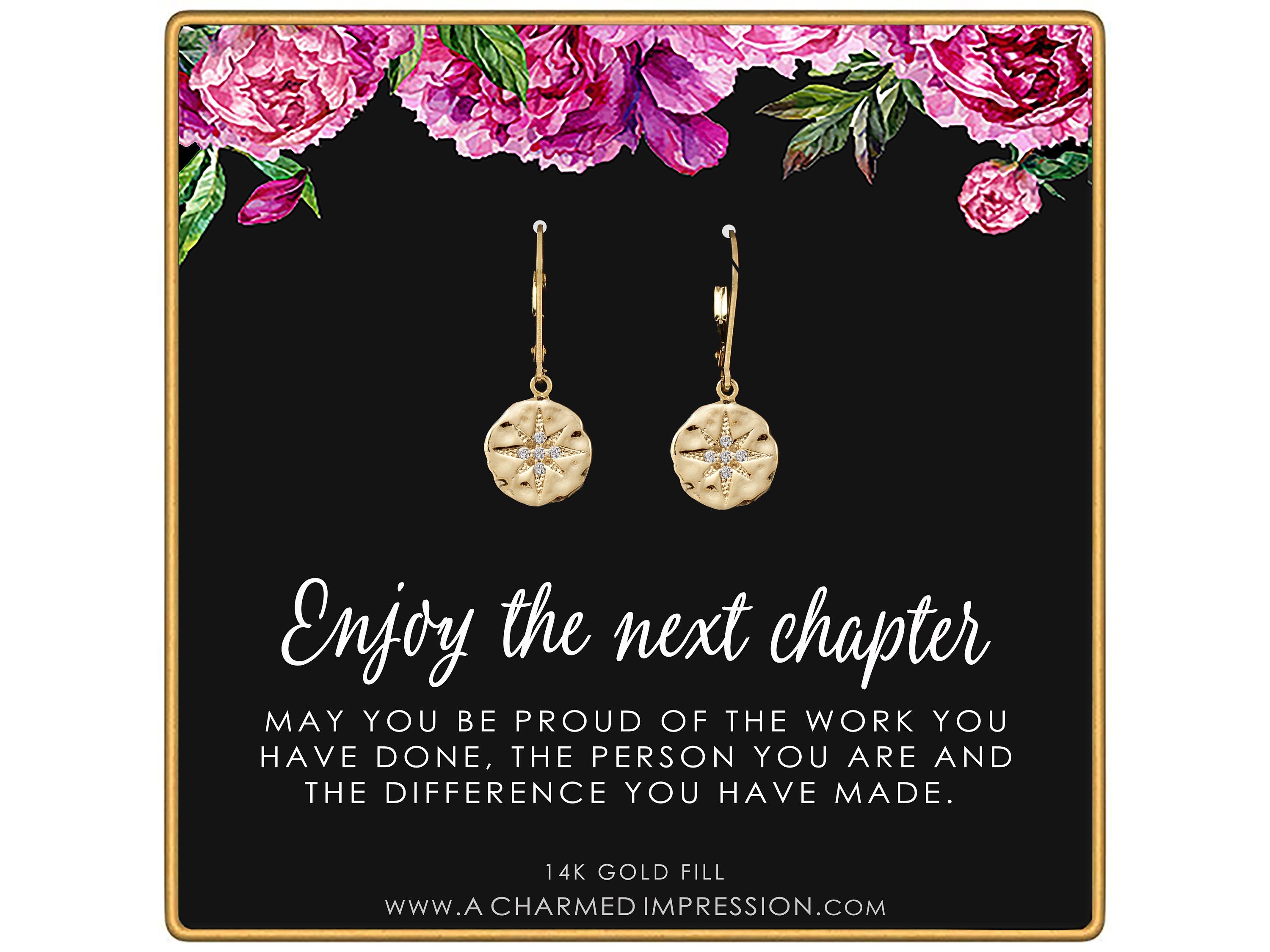 Retirement Gift for Women, Enjoy the Next Chapter Earrings, Gold Diamond Starburst Jewelry, Congratulations Retirement Gift for Her
