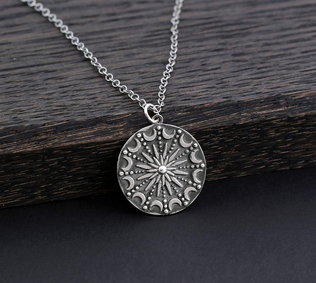 Sterling Silver Sun & Moon Mandala Necklace: Celestial Pendant
