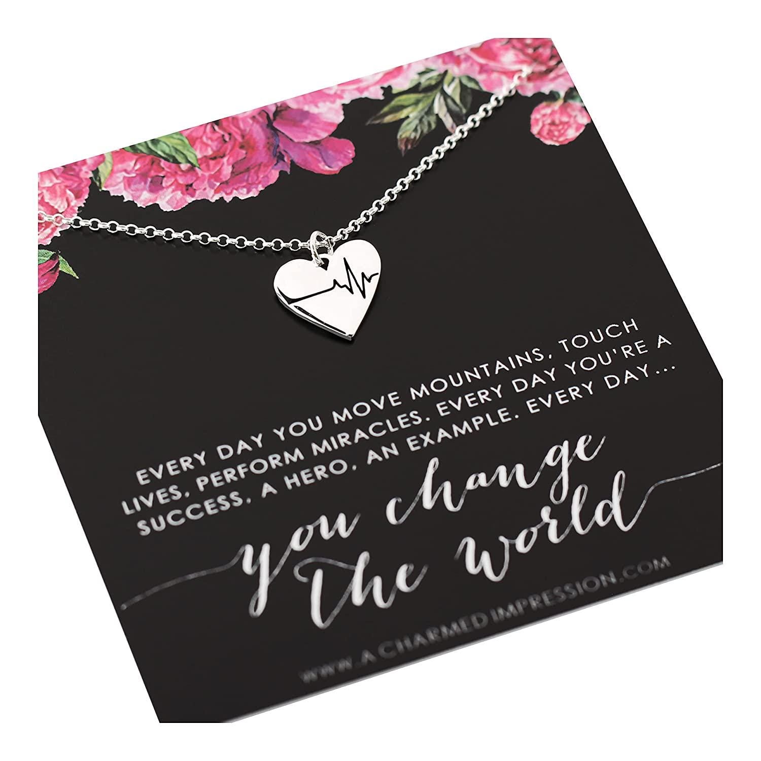 Everyday You Change the World  Silver EKG Heart Charm Necklace  Gift for Medical Health Care Professional  Med Student Gifts