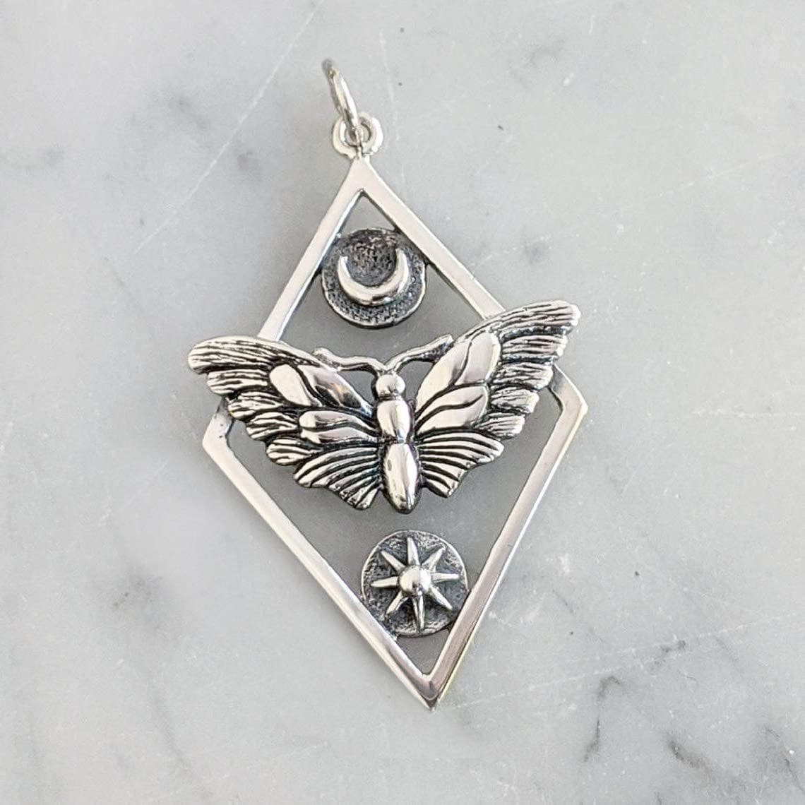 Sterling Silver Moth Pendant: Sun and Moon Charm