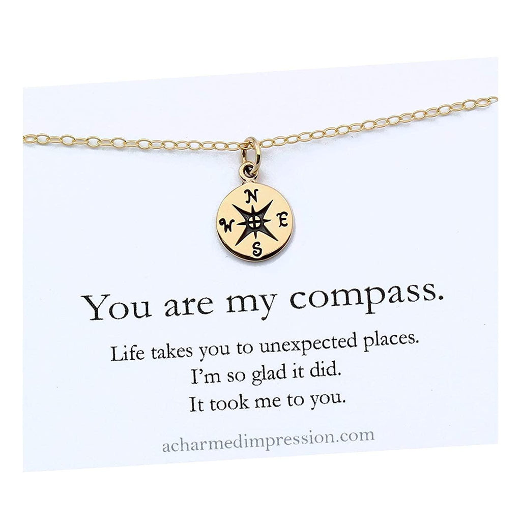 Gold Compass Charm Necklace: Handcrafted Bronze, Gift for Wife