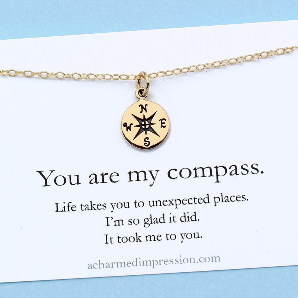 Gold Compass Charm Necklace: Handcrafted Bronze, Gift for Wife