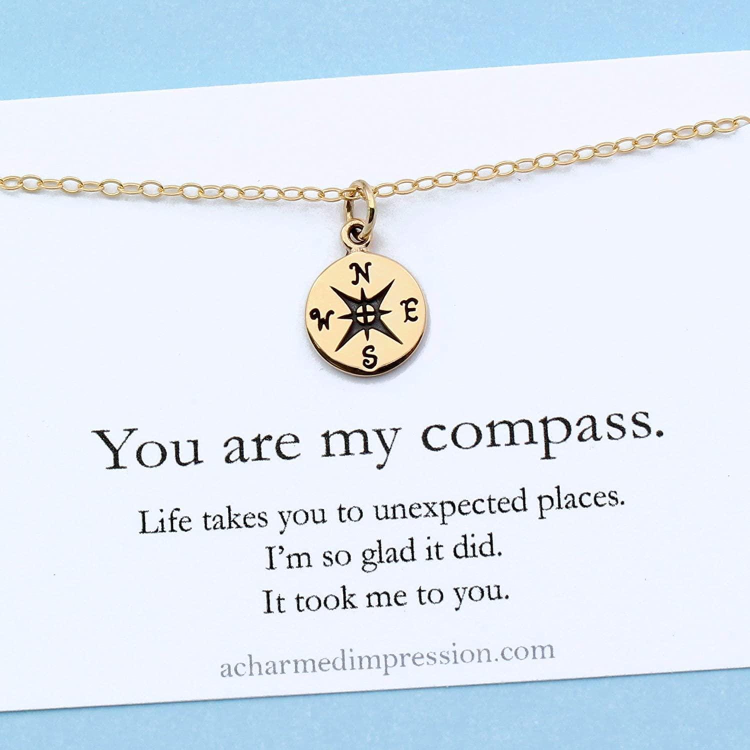 Gold Compass Charm Necklace: Handcrafted Bronze, Gift for Wife